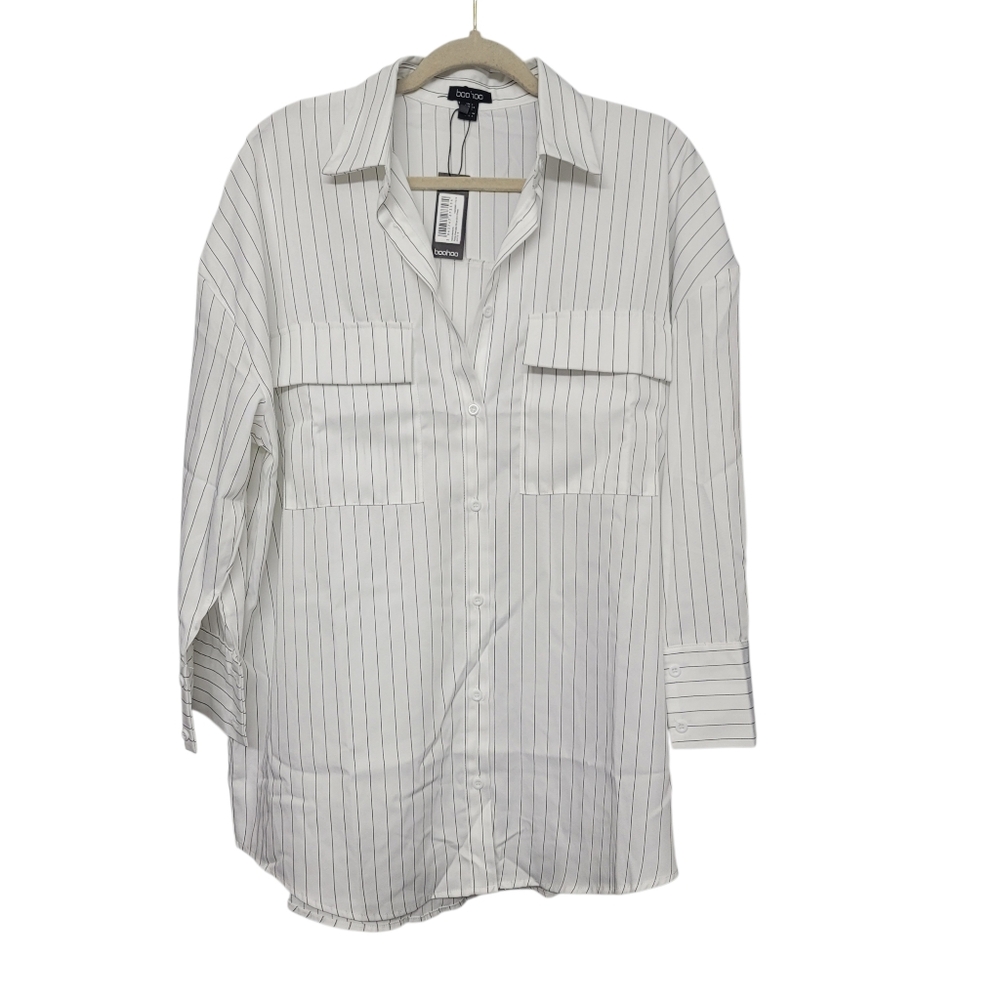 NWT Boohoo Petite Oversized White W/ Black Stripe Button Down Shirt Dress - 2P - Picture 5 of 10